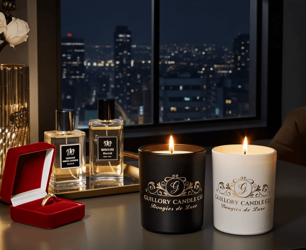 Two lit candles in black and white holders with decorative labels, a red jewelry box, and perfume bottles on a table, city skyline visible through window.