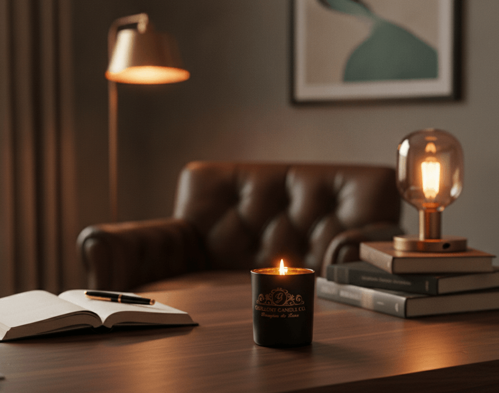 Cozy room with a leather sofa, lit candle, open book, and a table lamp, with a framed picture on the wall.