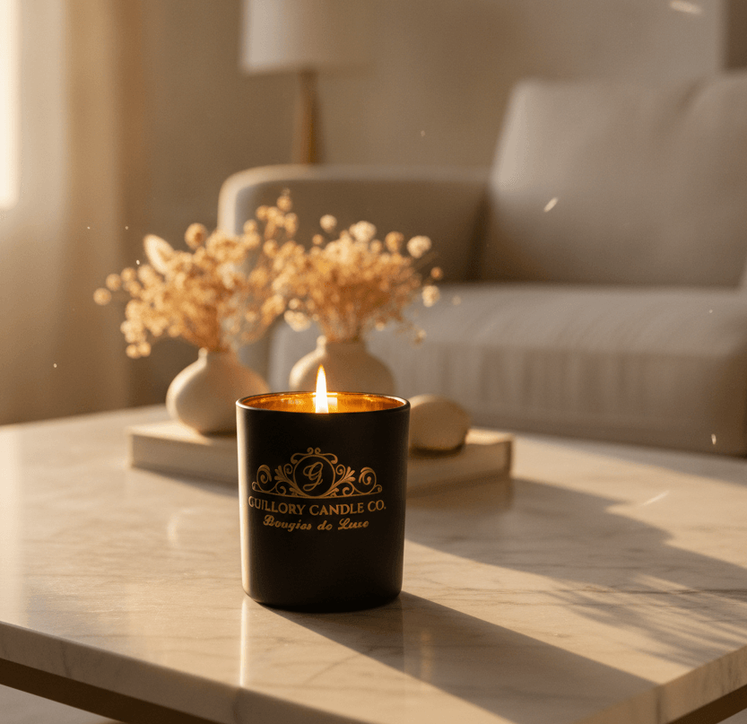 Lit candle in a black container on a marble table, with a sofa and flowers in the background.