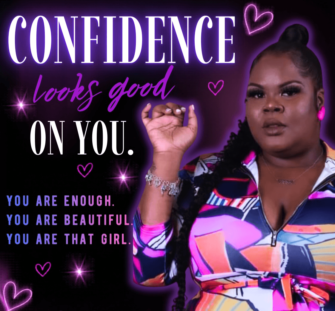 Woman with braided hair and colorful jacket, surrounded by purple hearts and stars, with motivational text about confidence.