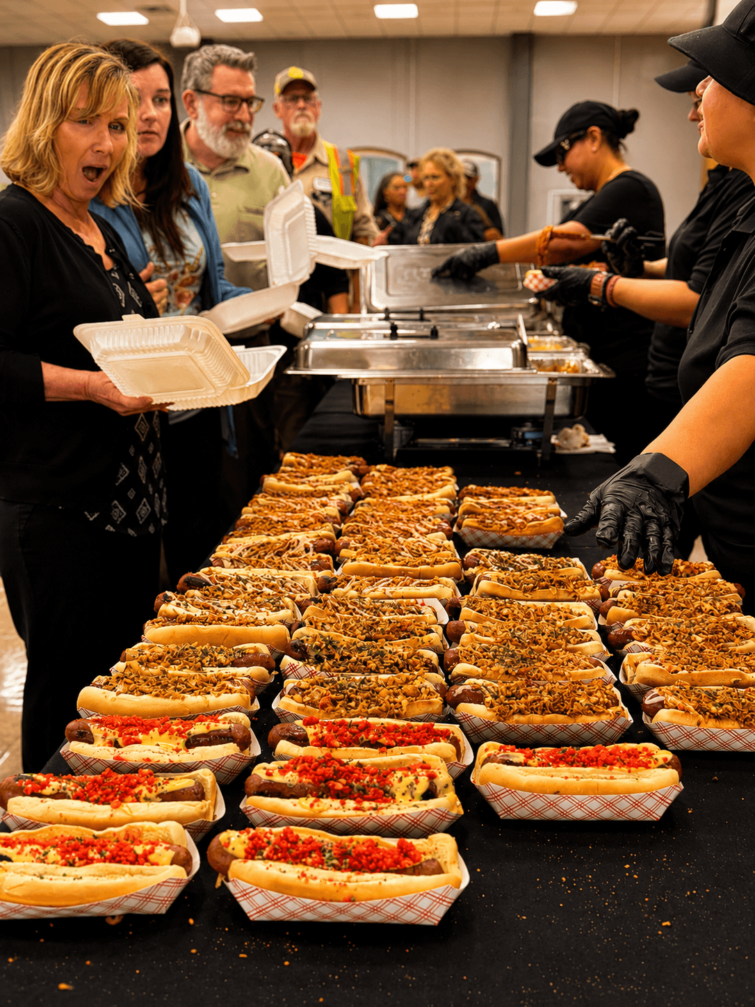 People line up at a food service counter with trays of sandwiches and hot food, staff serving behind the counter.