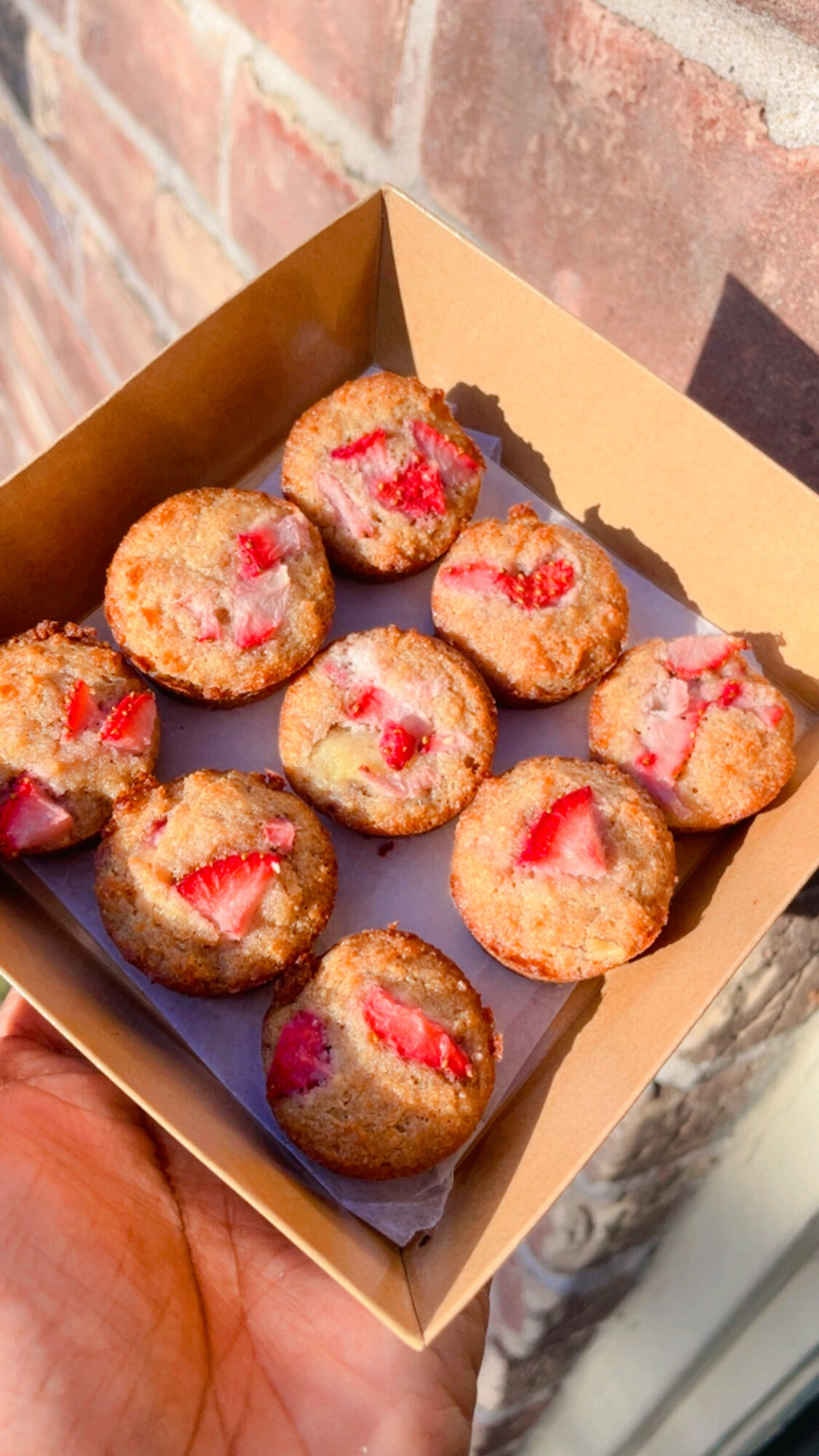 Nine small round baked goods with red topping in a cardboard box, sunlight casting shadows, brick wall background.