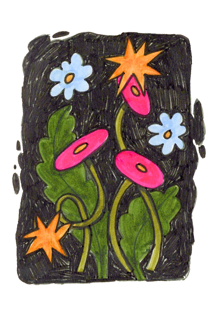 Colorful flowers with pink, orange, and blue petals on green stems against a black background.
