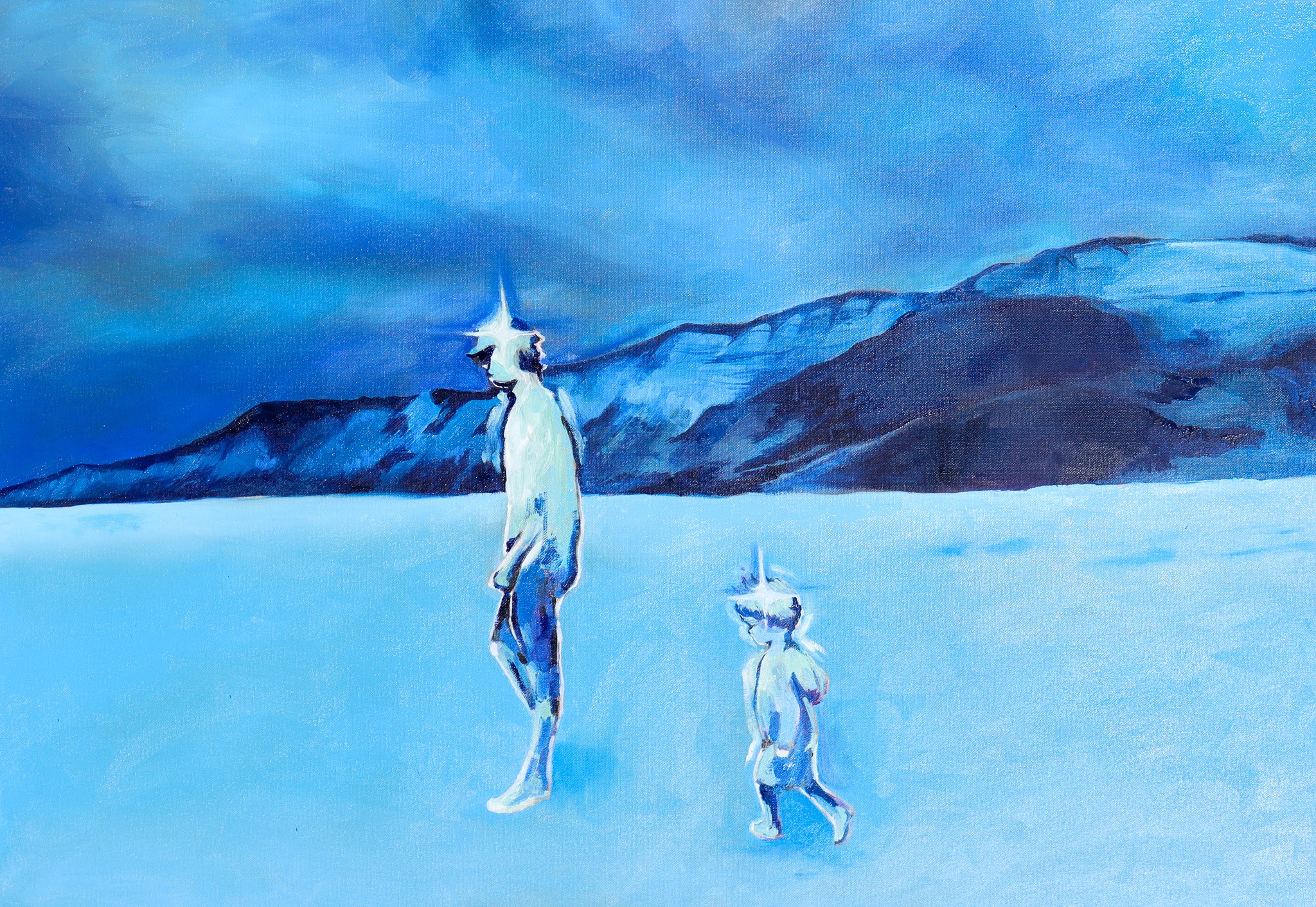 Two abstract figures stand on a blue landscape with mountains in the background, painted in shades of blue and white.