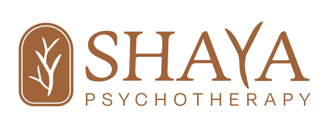 Logo with a tree inside a rounded rectangle and the text 'SHAYA PSYCHOTHERAPY' below it.