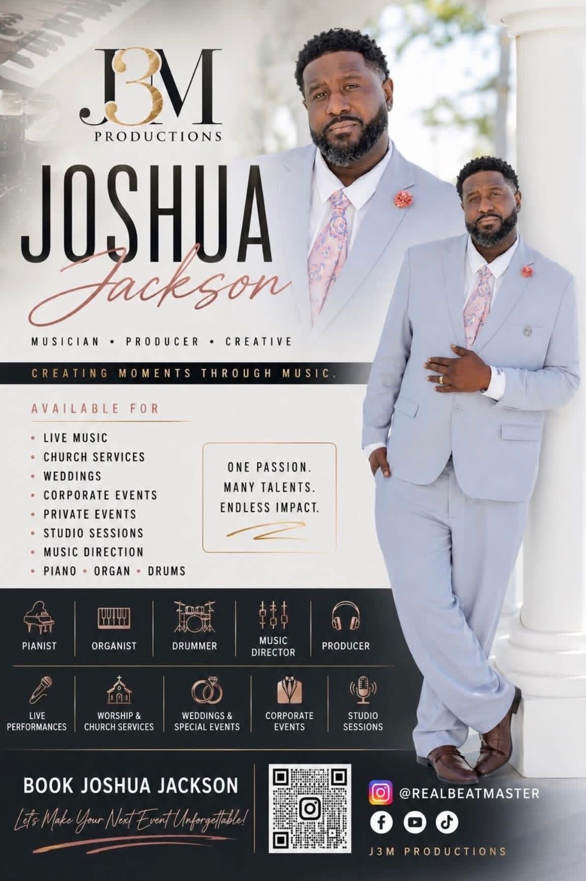 Two men in light blue suits standing outdoors with white columns in background, promotional poster for Joshua Jackson event, includes text and logos.