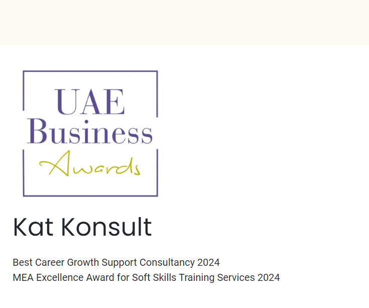 UAE Business Awards logo with text, recipient name Kat Konsult, and award descriptions, on a white background.