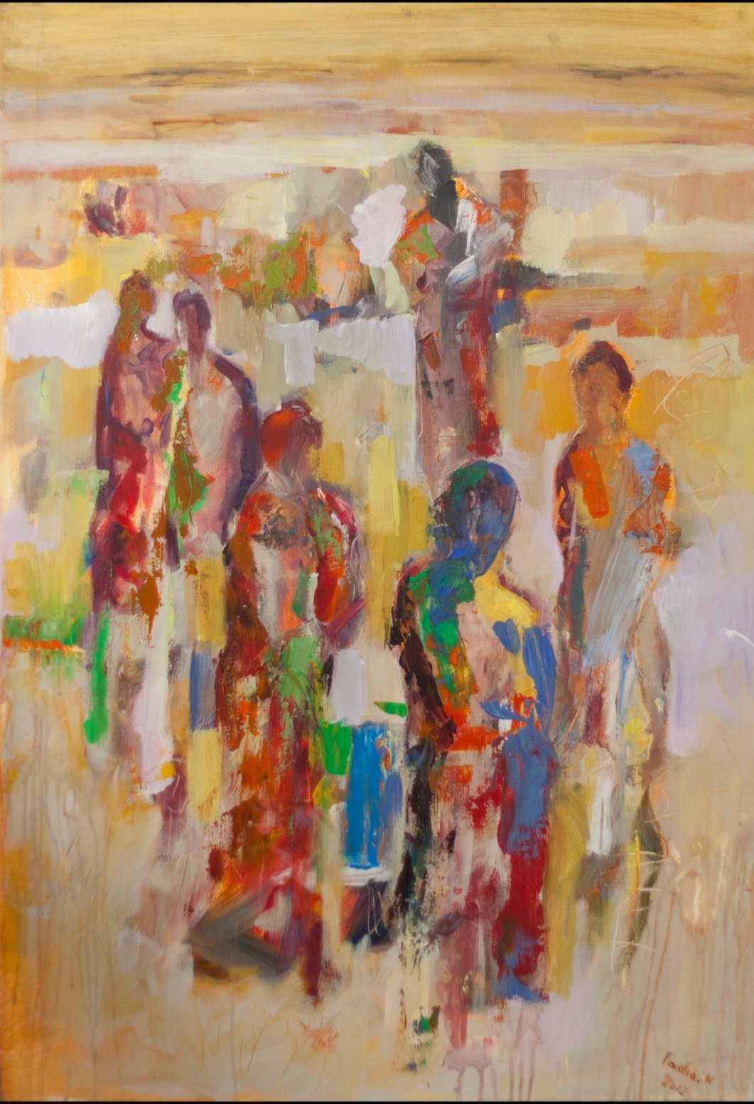 Abstract painting of seven people standing and walking, with warm background colors and loose brushstrokes.