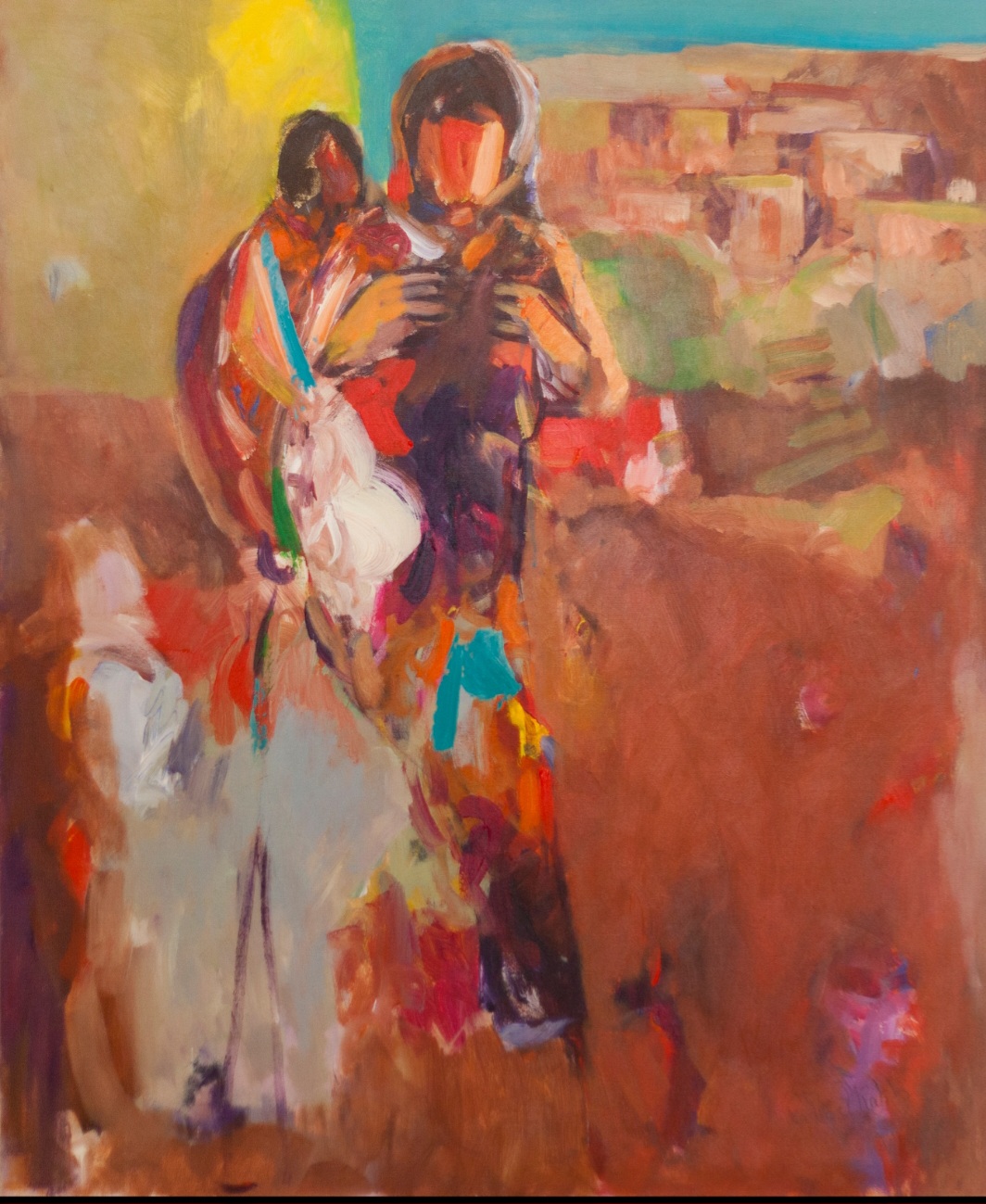 Two people standing outdoors, one holding a child, with colorful abstract background, painted in an impressionistic style.