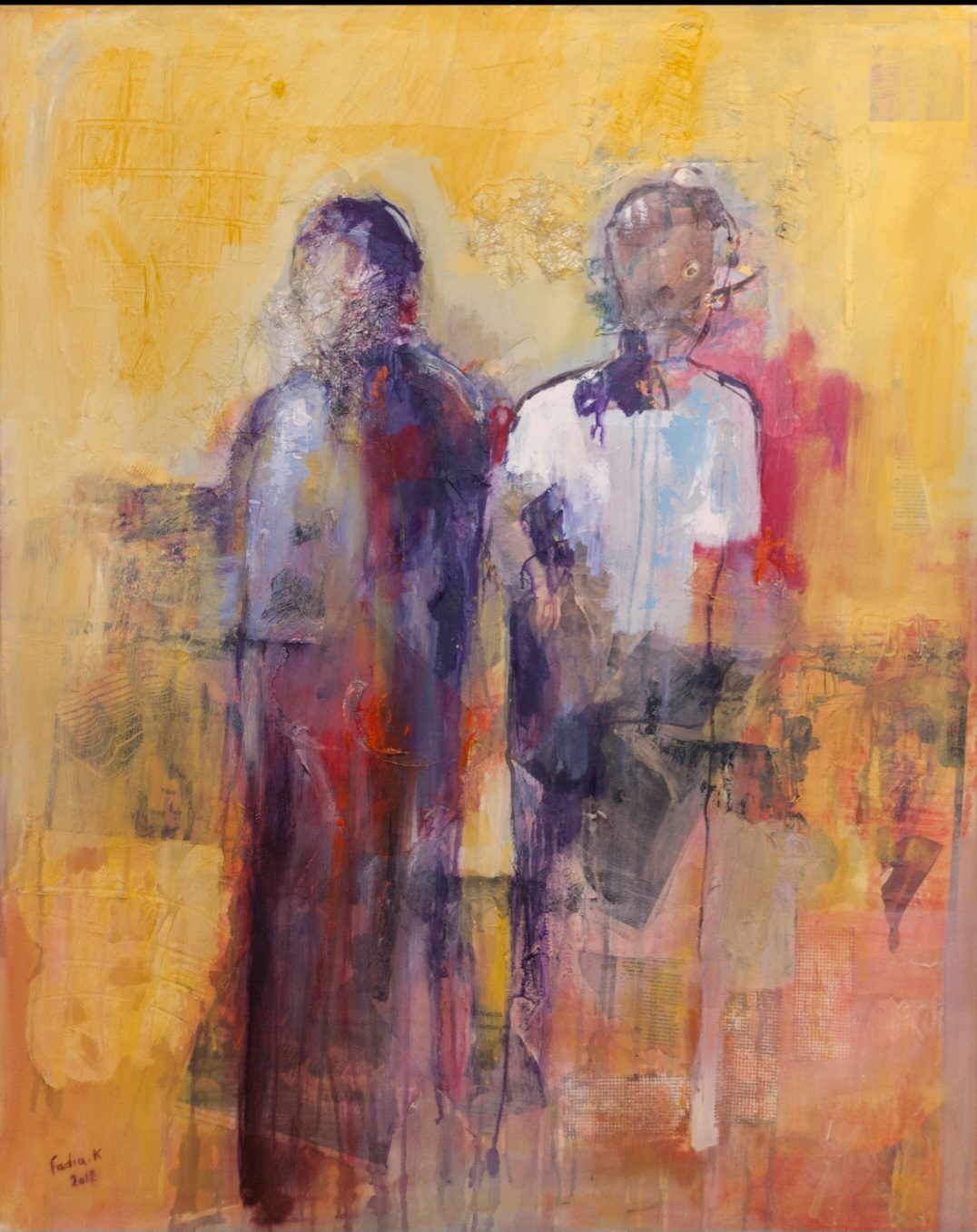 Two abstract figures standing side by side against a yellow background, with blurred features and colorful clothing.