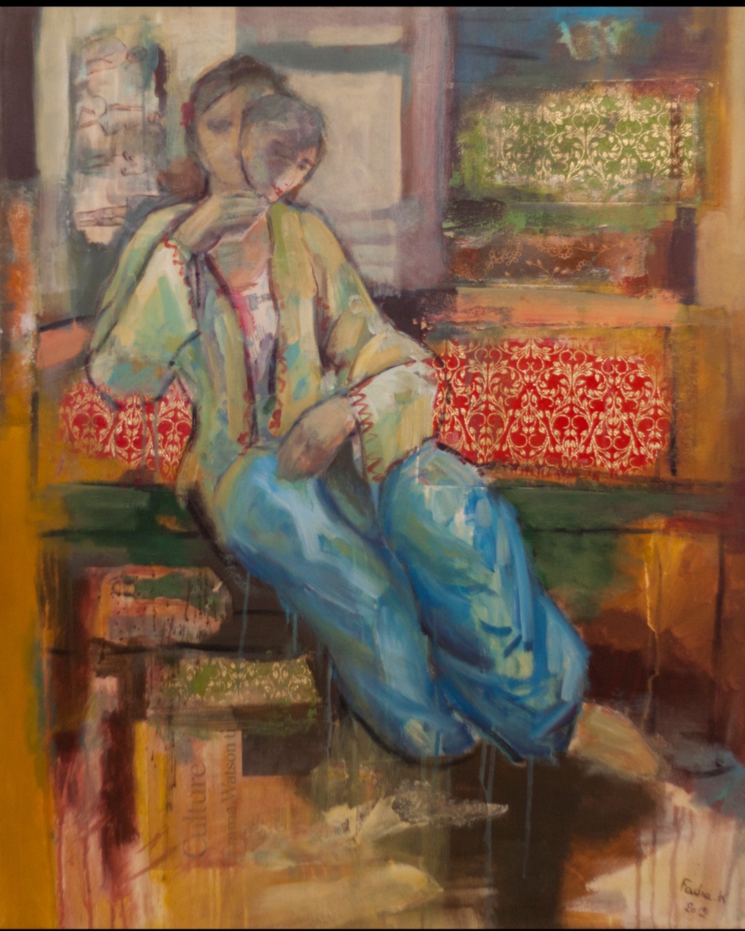 Person sitting on a bench, holding a phone, with a window and greenery in the background.