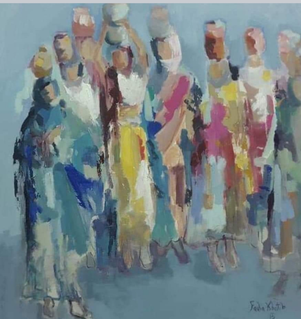 Group of abstractly painted people standing together, with varied colors and shapes, on a light blue background.