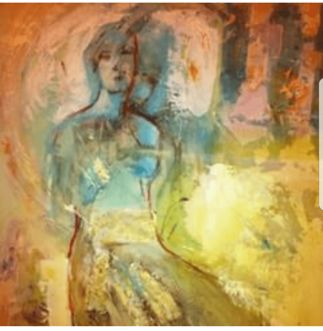 Abstract painting of a woman with a blurred face, surrounded by warm and cool colors, with a textured background.