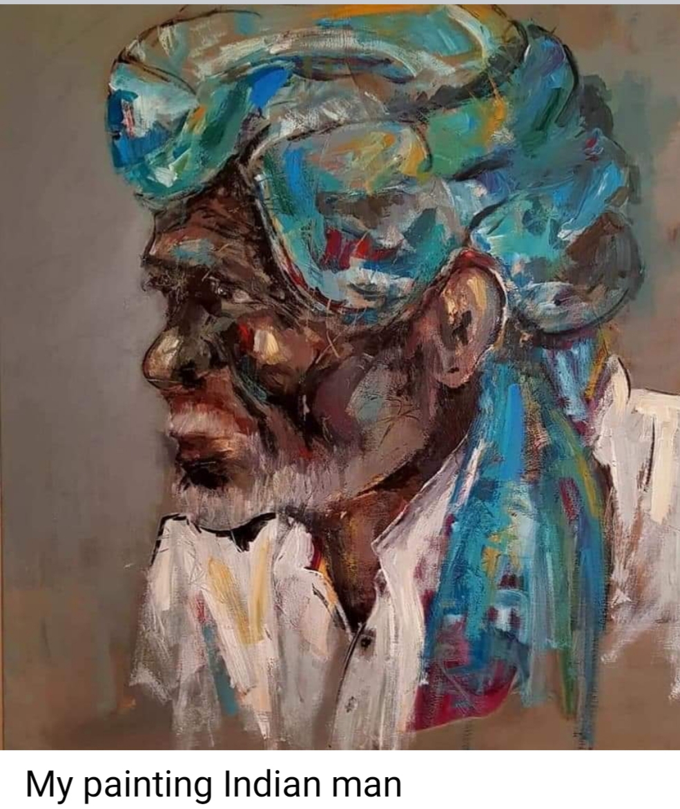 Portrait of an Indian man with a turban, painted in an abstract style with vibrant colors.
