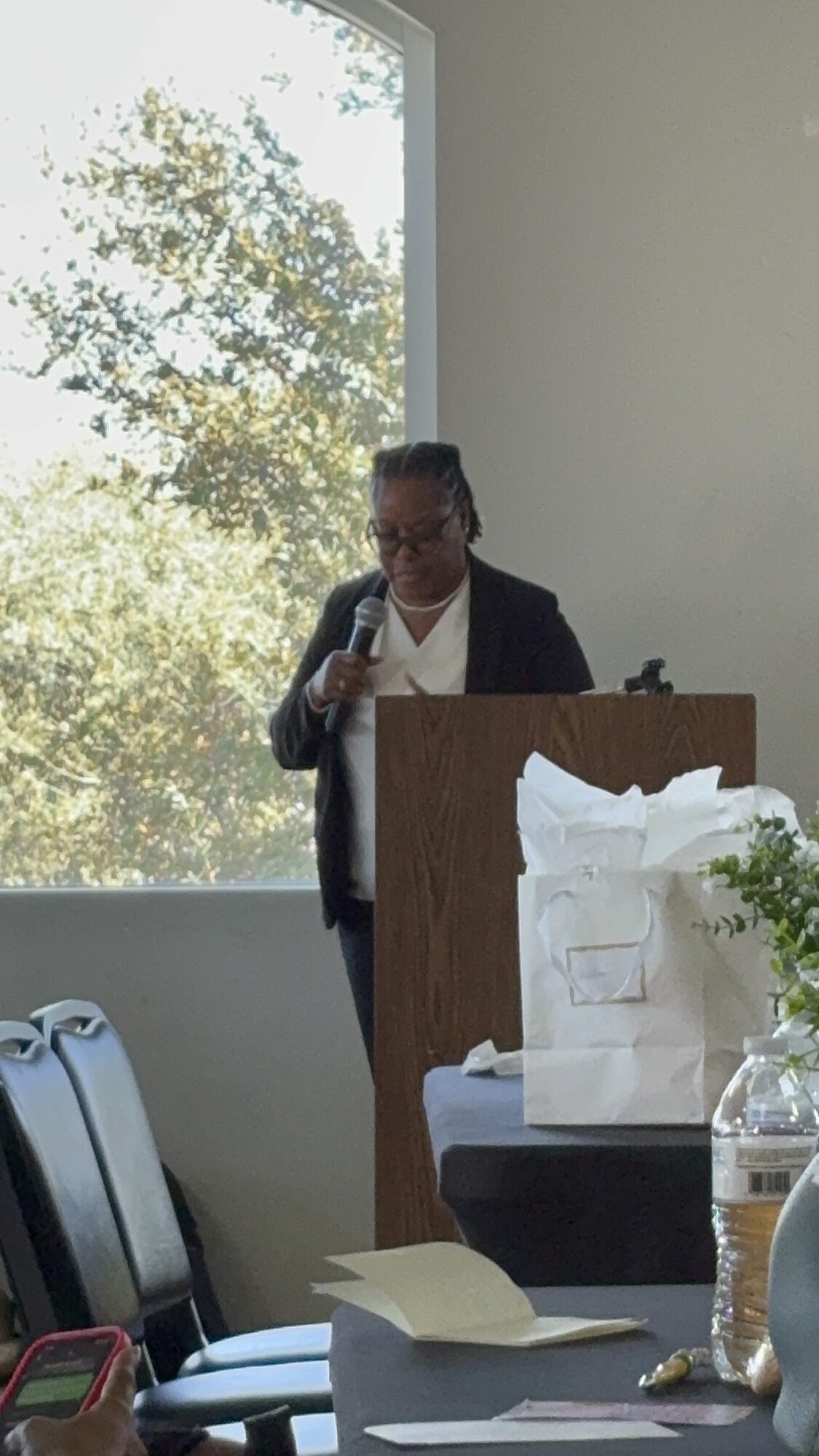 Person standing at a podium, speaking into a microphone, with a large window showing trees outside, and chairs nearby.