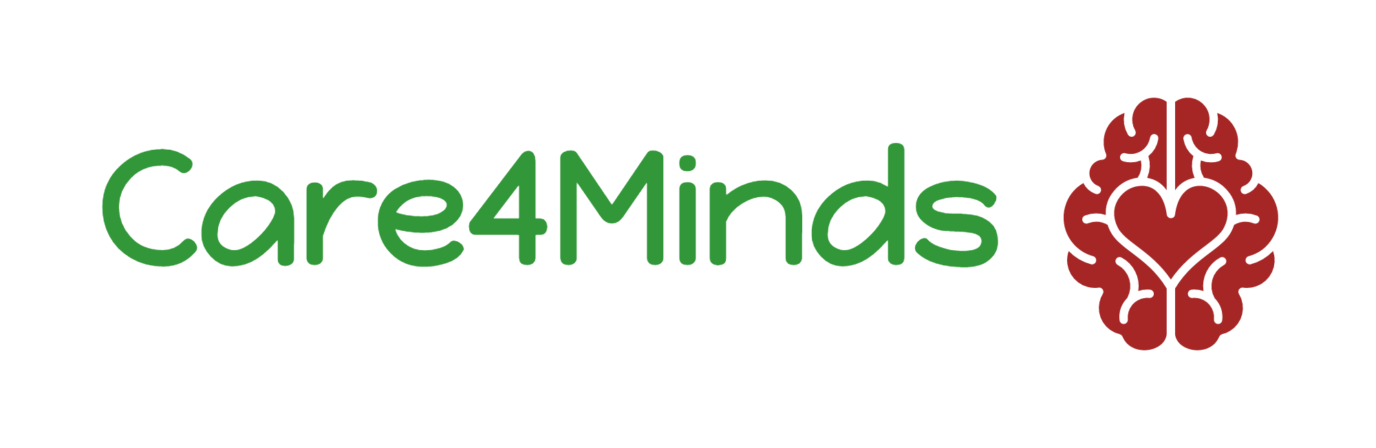 Care4Minds logo with green text and a red brain icon on a black background.