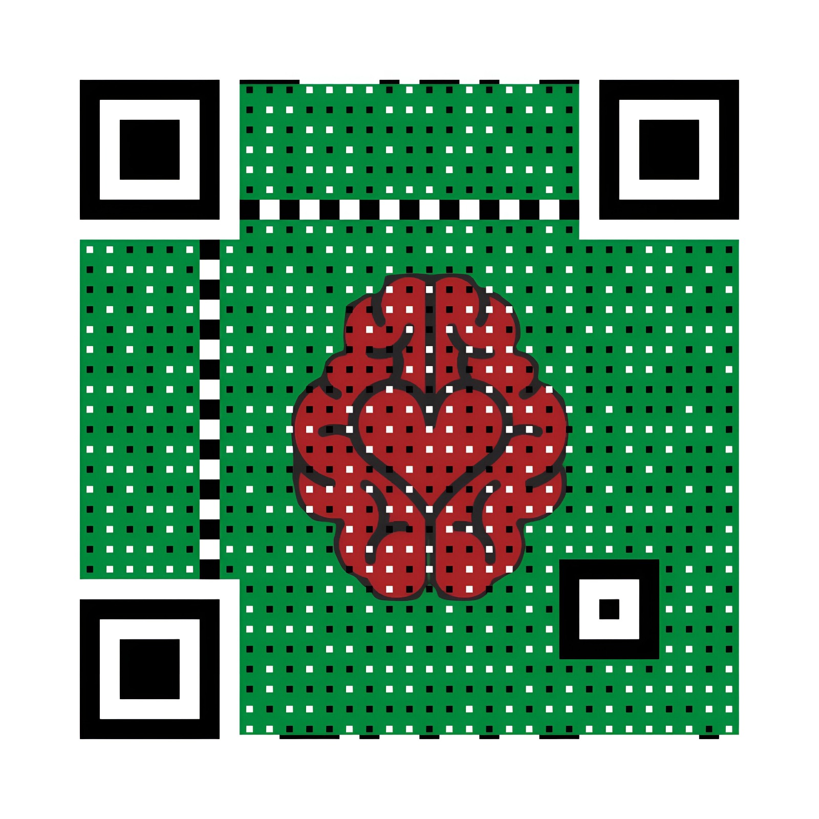 QR code with a red heart and brain illustration in the center, green background, black and white corners, and a small black square.