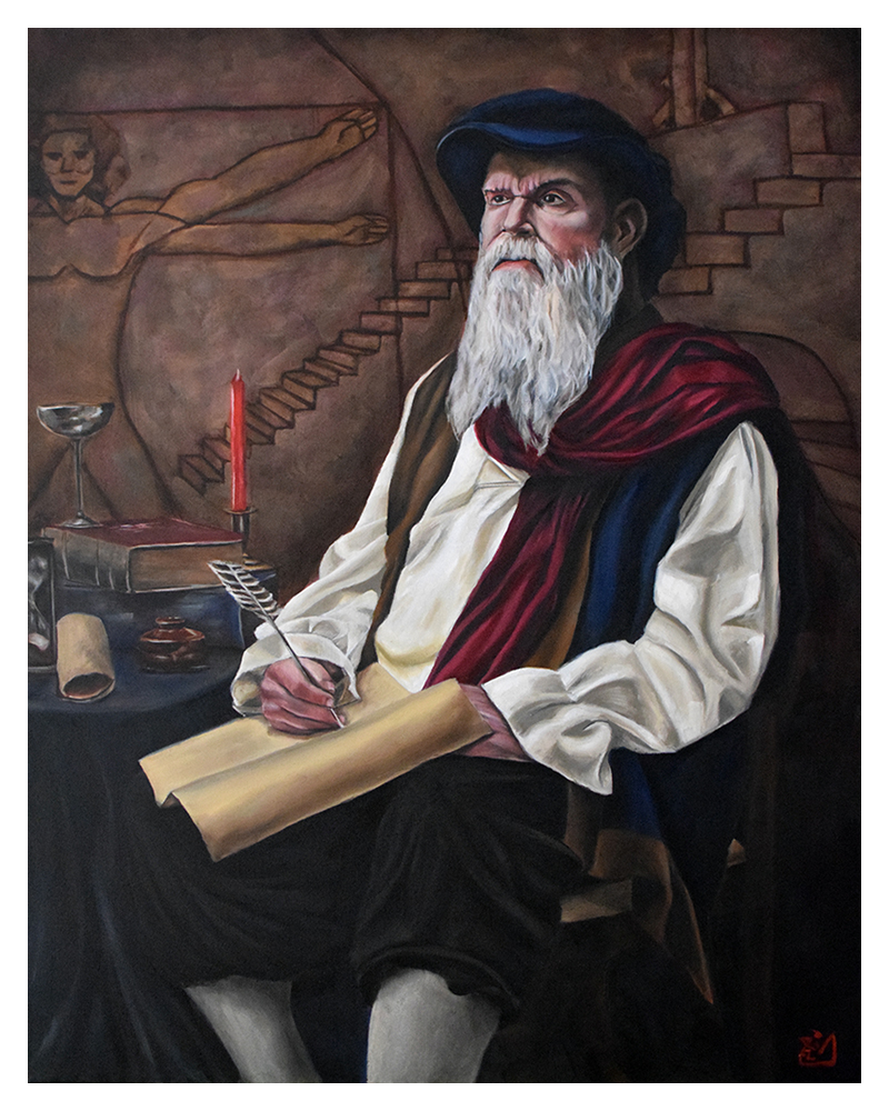 An elderly man with a long white beard, wearing a hat and cloak, writing on a scroll with a quill pen.