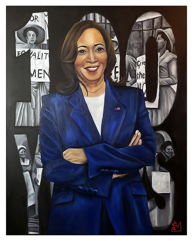 Portrait of a woman with shoulder-length hair, smiling, wearing a blue blazer, standing with arms crossed, in front of black-and-white protest photos.