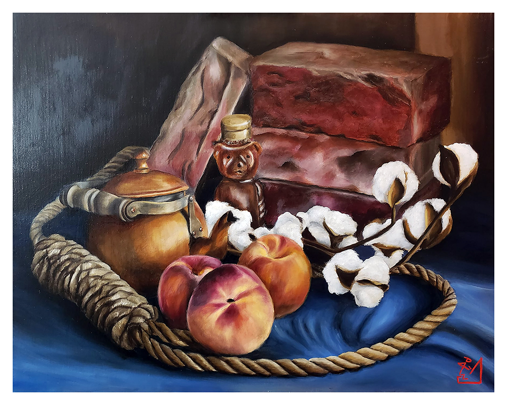 Still life painting with peaches, cotton, a jar, a small bottle, and a brick on a dark background.