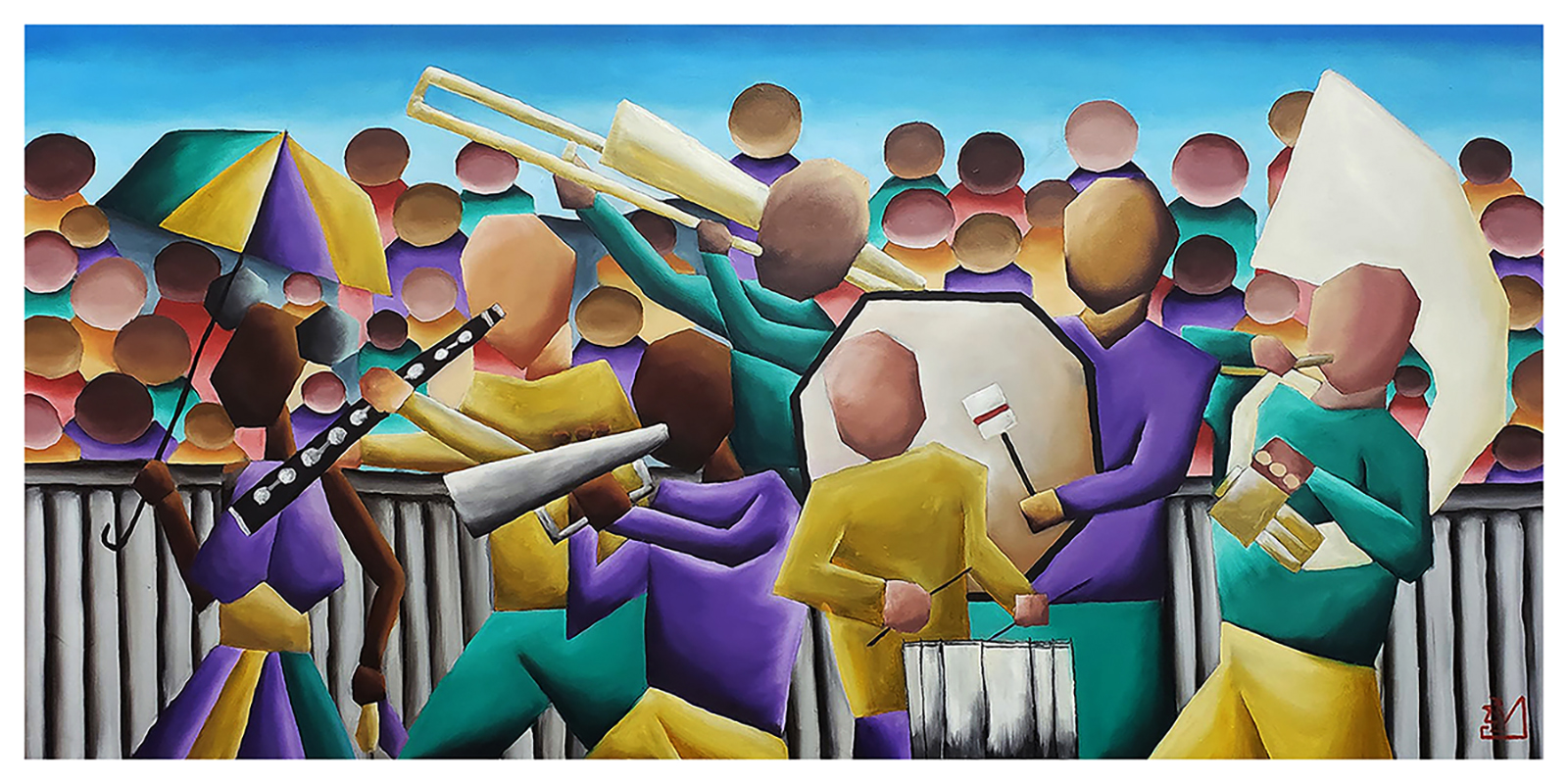 Group of abstract figures playing musical instruments outdoors with a crowd in the background.