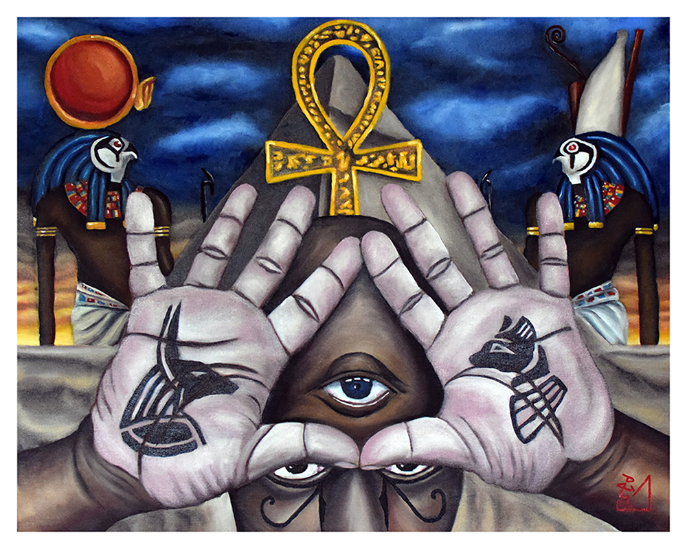 Hands with tattoos form a triangle around an eye, with Egyptian symbols and two figures in the background, dark sky.