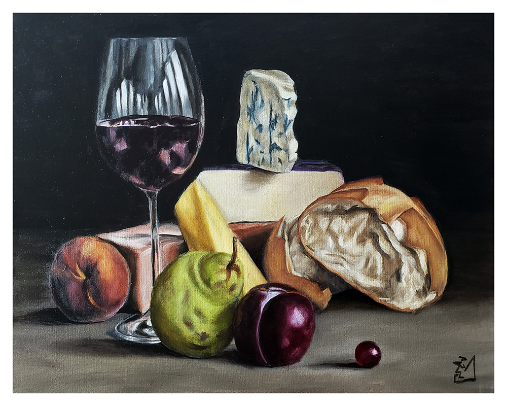 Still life with a glass of red wine, cheese, apples, and a cherry on a dark background.