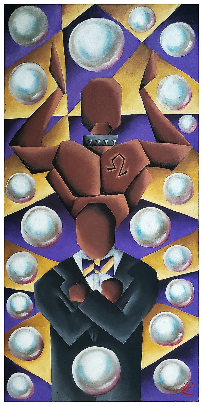 Two abstract figures, one with a brown head and arms raised, surrounded by floating spheres, in a colorful geometric background.