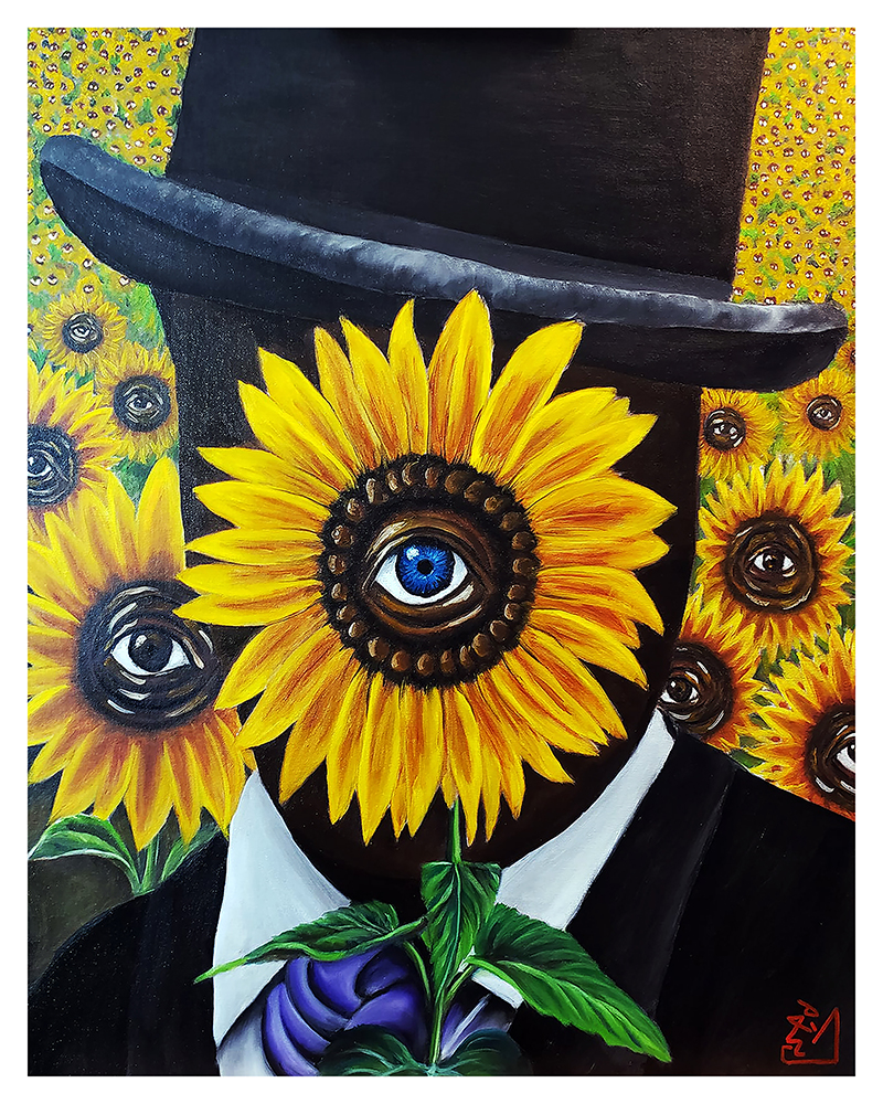Person with sunflower face, wearing a black hat and suit, holding a purple flower, background with sunflowers and yellow patterns.