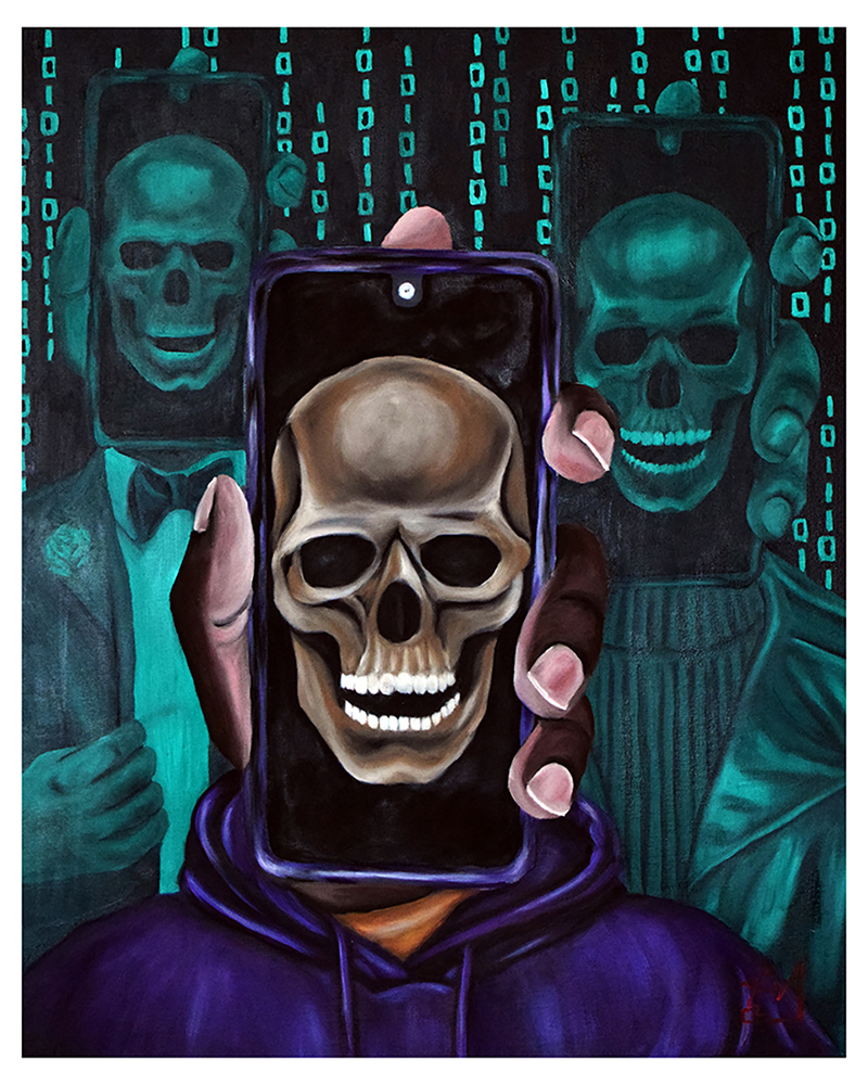 Person holding a phone with a skull image, surrounded by digital skulls and binary code background.