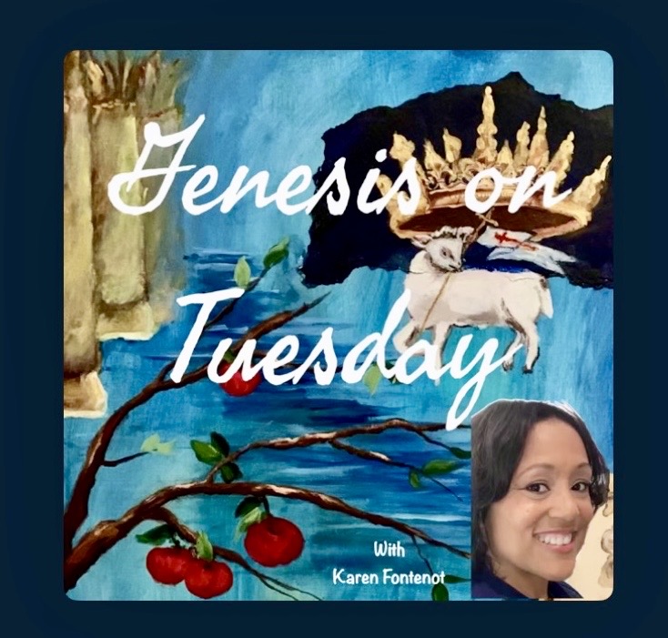 Colorful painting with a goat, tree branches, and red fruit, featuring a smiling woman in the bottom right corner.