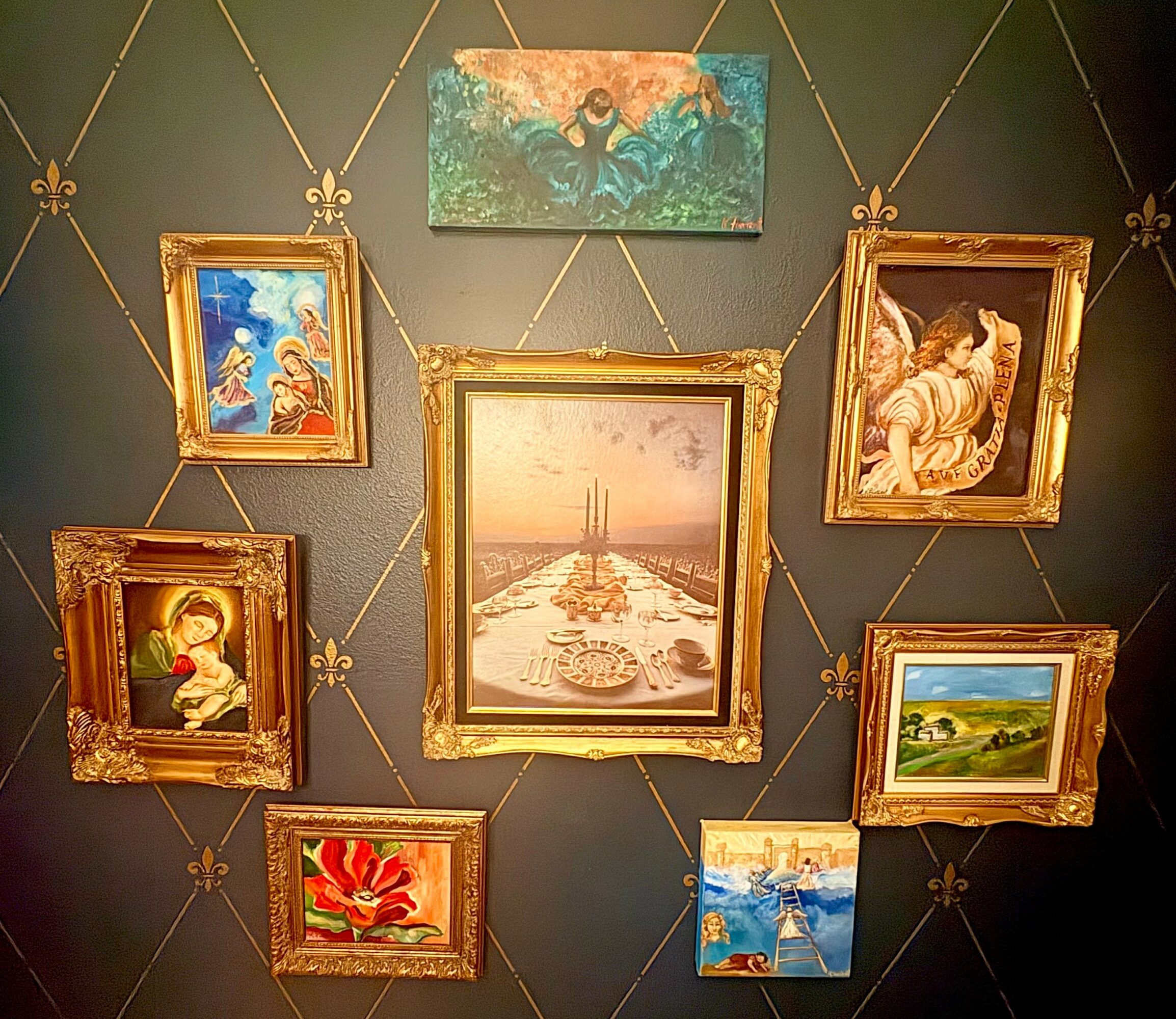 Collection of framed paintings on a dark wall, including landscapes, portraits, and abstract art, arranged in a circular pattern.