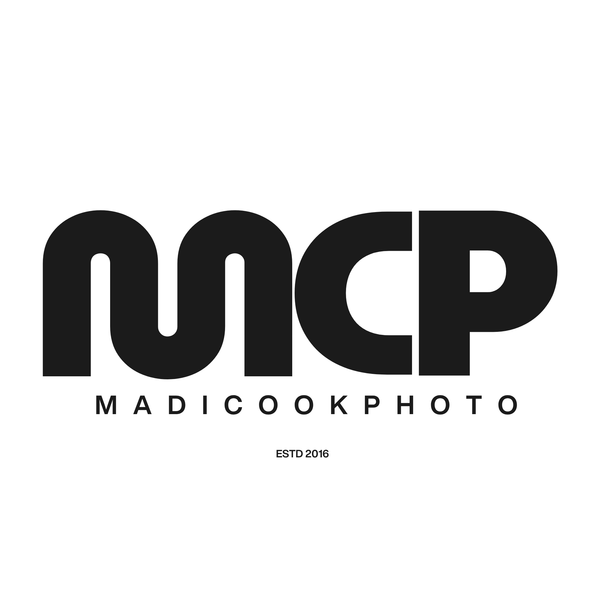 Black logo with large lowercase letters 'nucp' and smaller text 'MADICOOKPHOTO' below, on a black background.