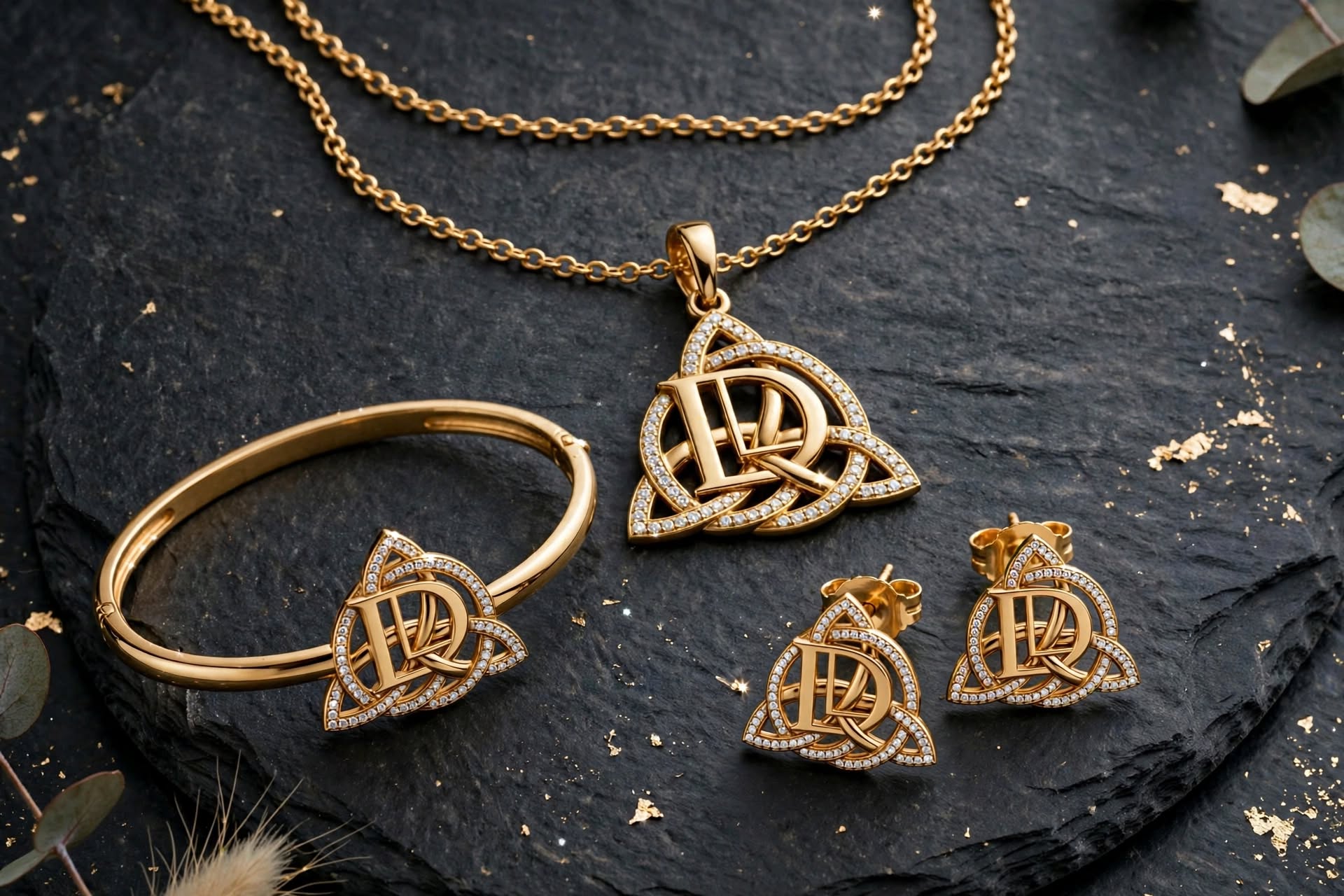 Gold jewelry set with a necklace, bracelet, and earrings featuring intricate designs, displayed on a dark textured surface.