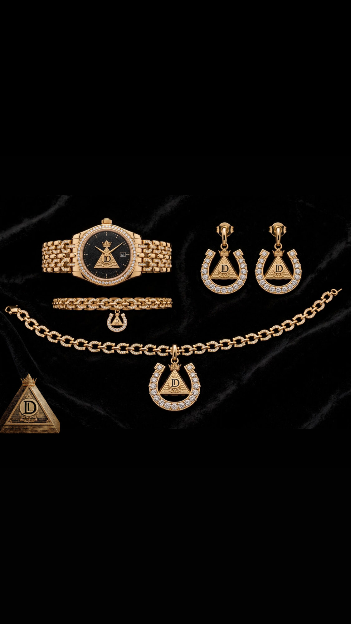 Gold jewelry set including a watch, earrings, necklace, bracelet, and ring with horse-shoe and star motifs, displayed on black background.