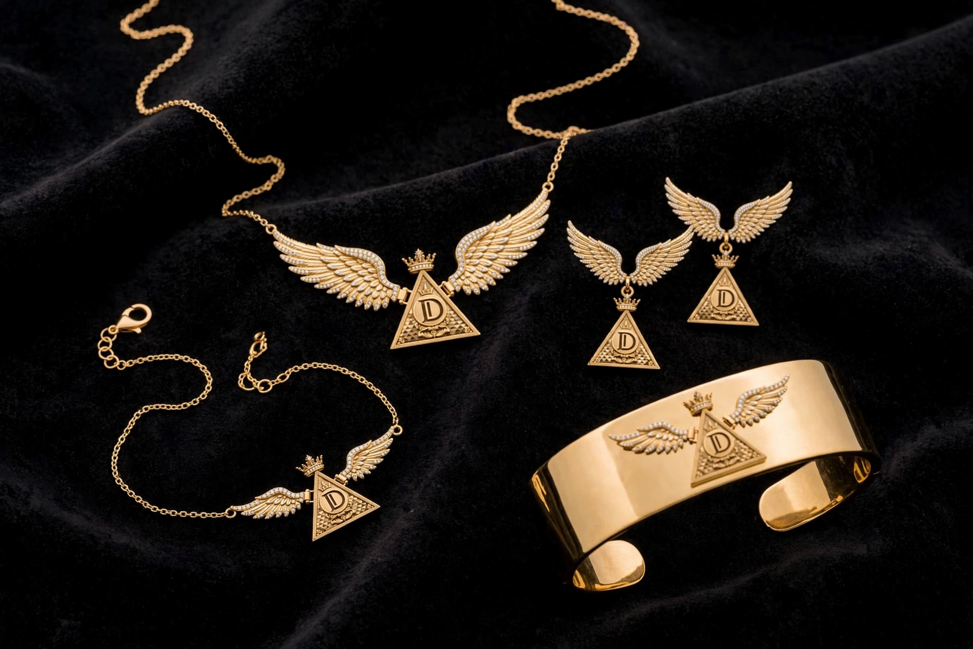 Jewelry set including a necklace, earrings, and a bracelet with winged designs and triangular pendants, displayed on black fabric.