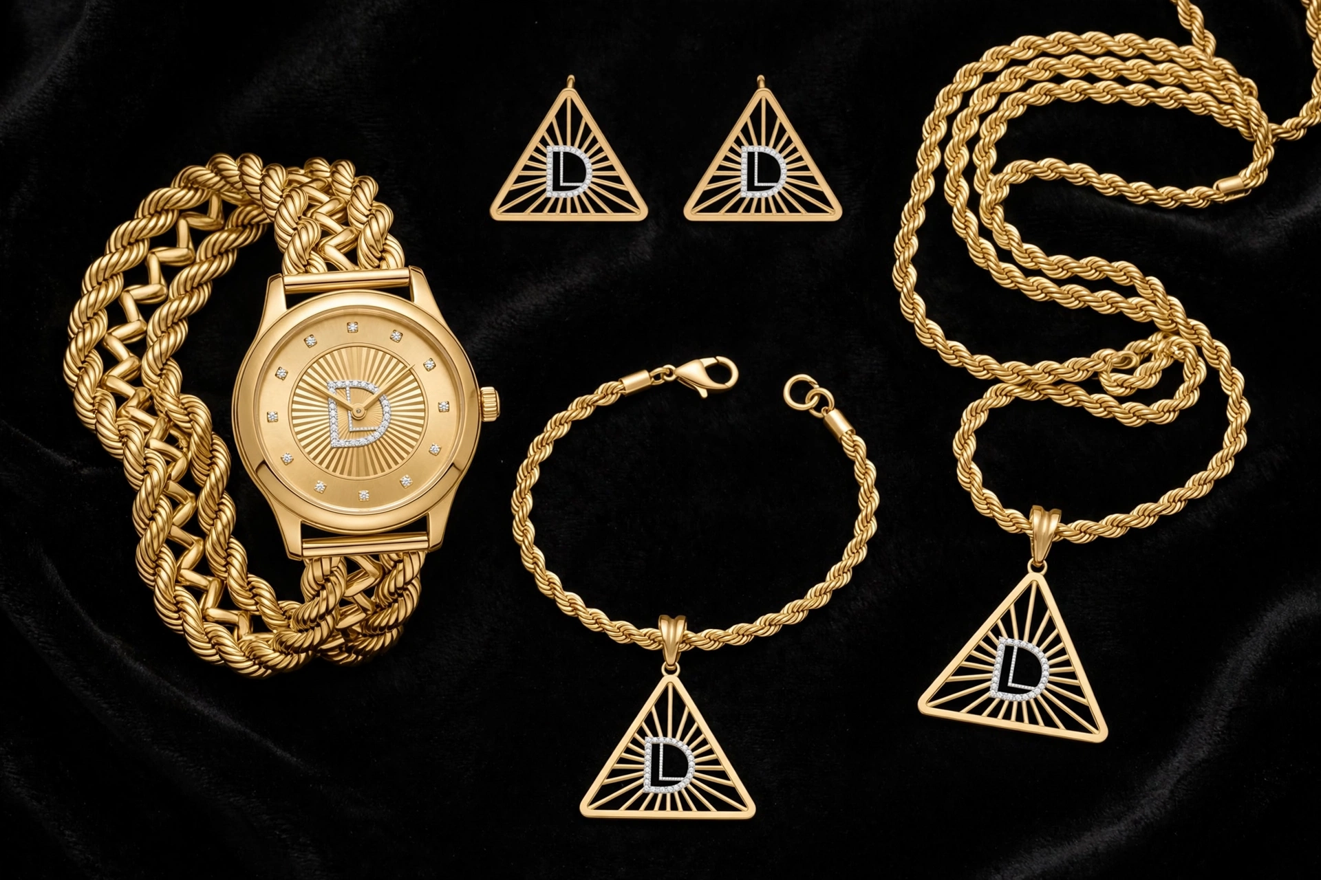 Gold jewelry including a watch, earrings, bracelet, and necklaces with geometric triangle pendants on black background.