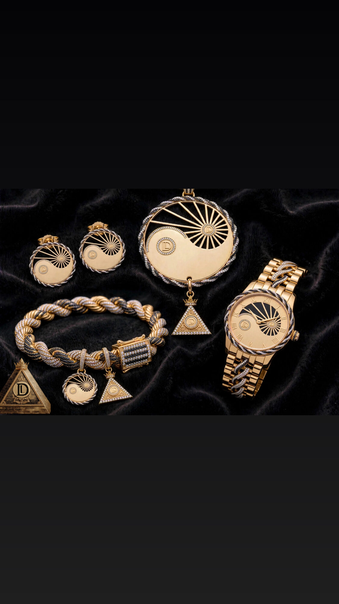 Gold jewelry including earrings, a necklace, a bracelet, a ring, and a watch displayed on black fabric.