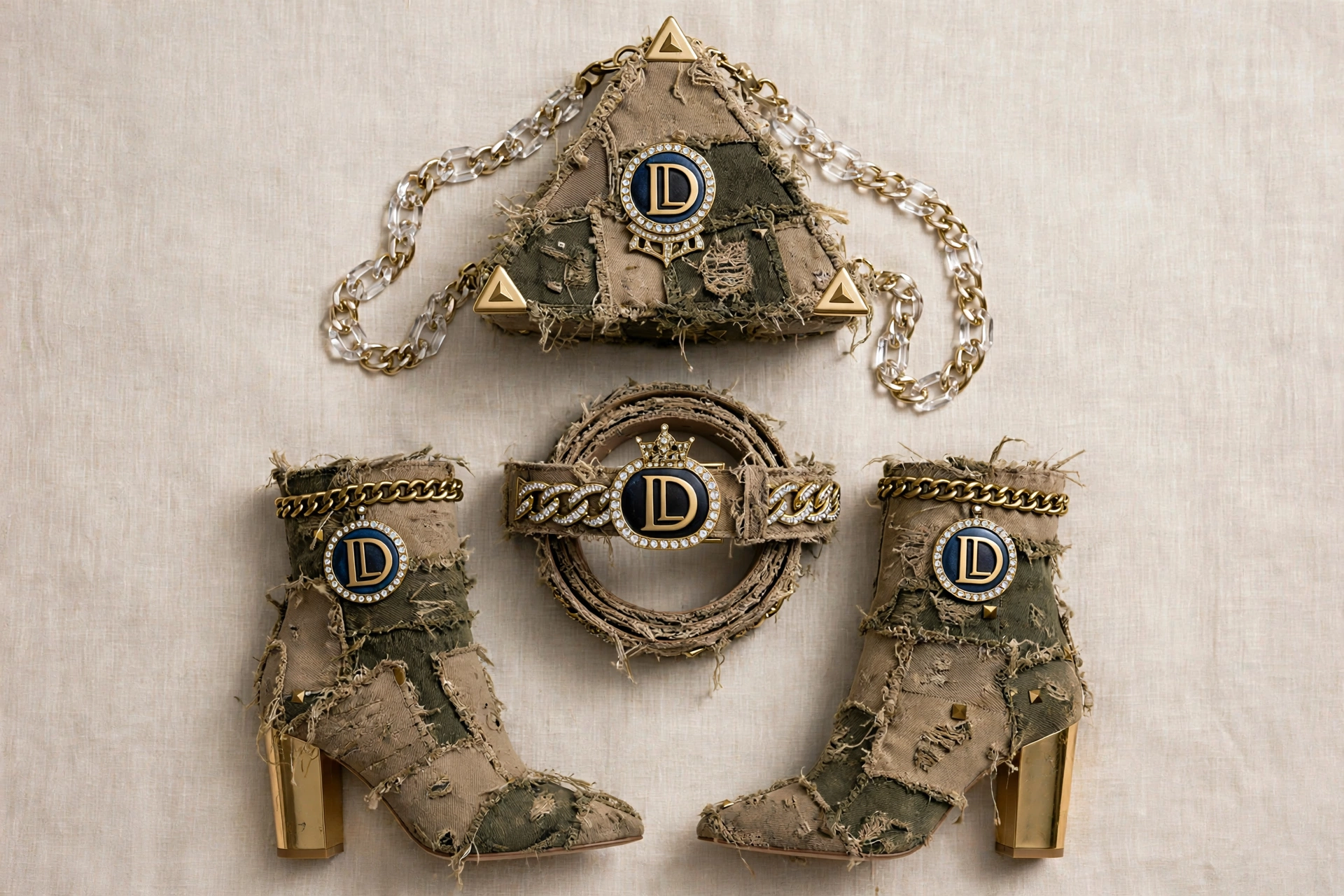 Jewelry set with a chain, bracelet, and two boots, all decorated with gold accents and a circular emblem with the letter 'D'.