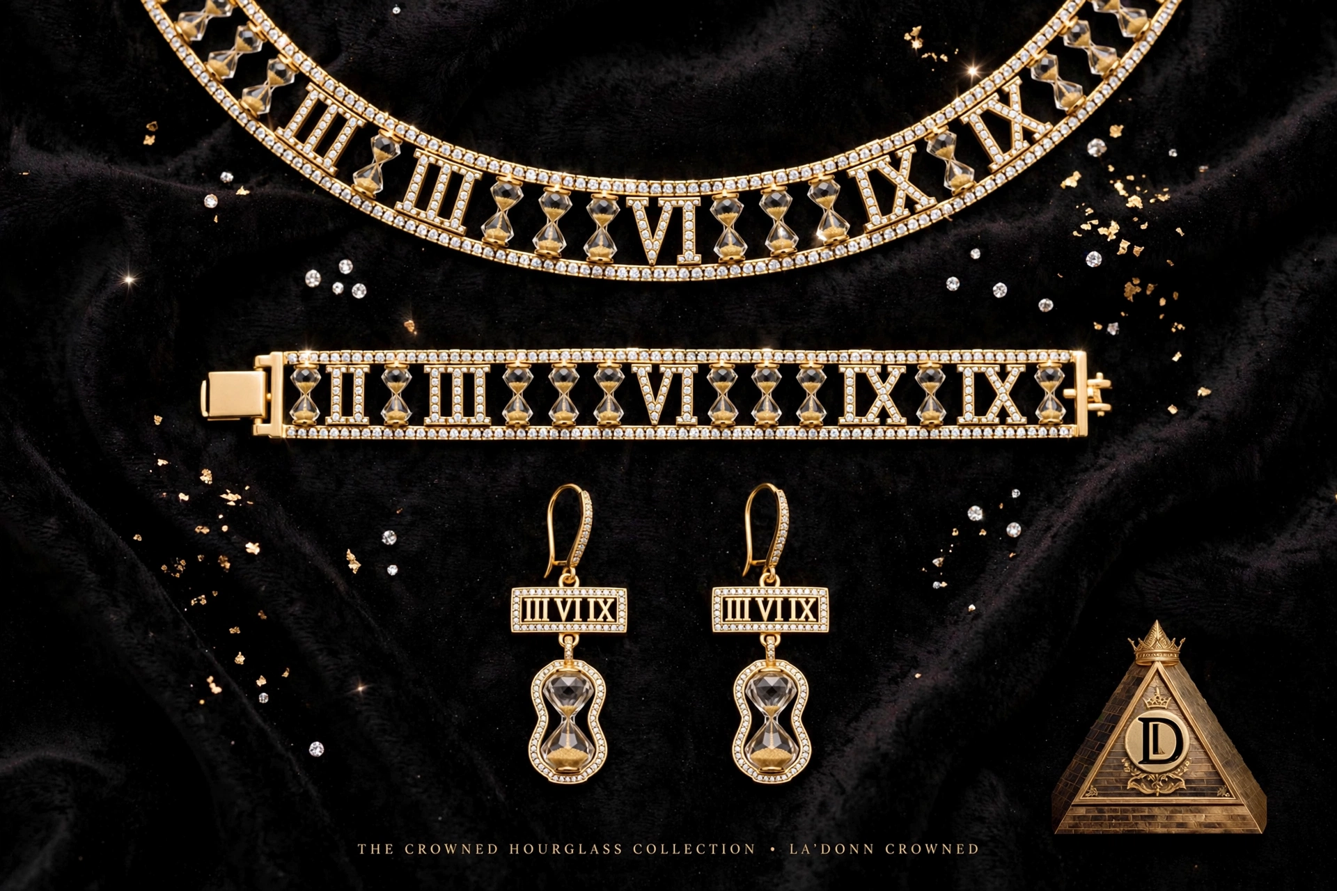 Gold jewelry including necklaces, earrings, and a ring displayed on black fabric with gold accents.