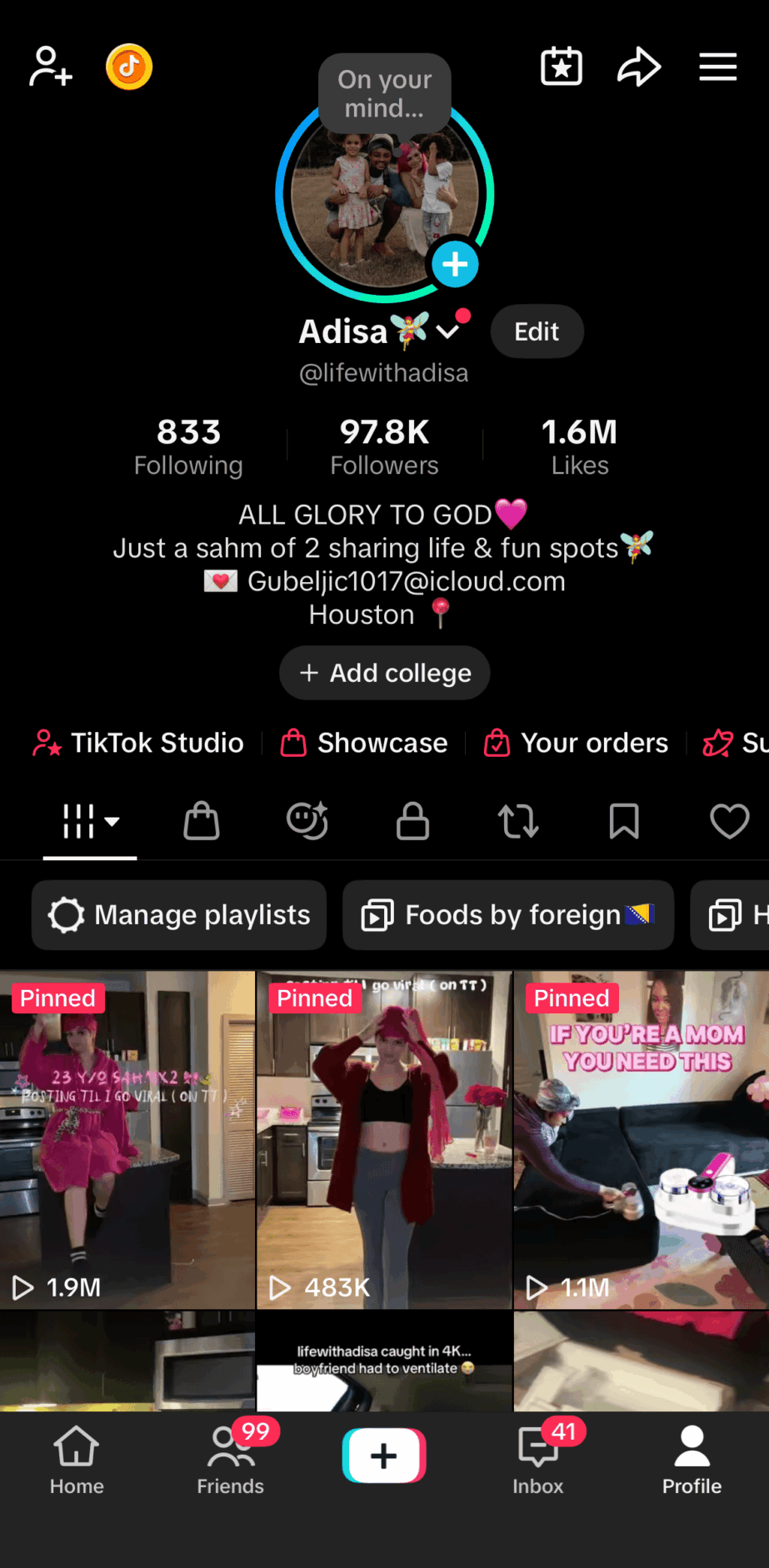 Profile page showing a person named Adisa with followers, following, and a video thumbnail section.