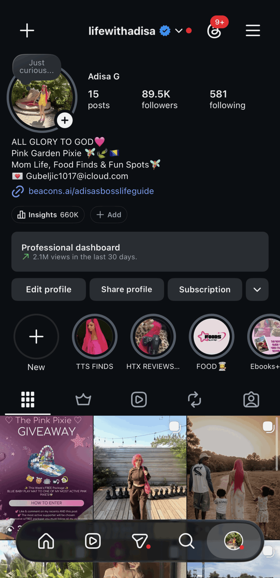 Social media profile page with profile picture, username, followers, and recent posts, displayed in a mobile app interface.