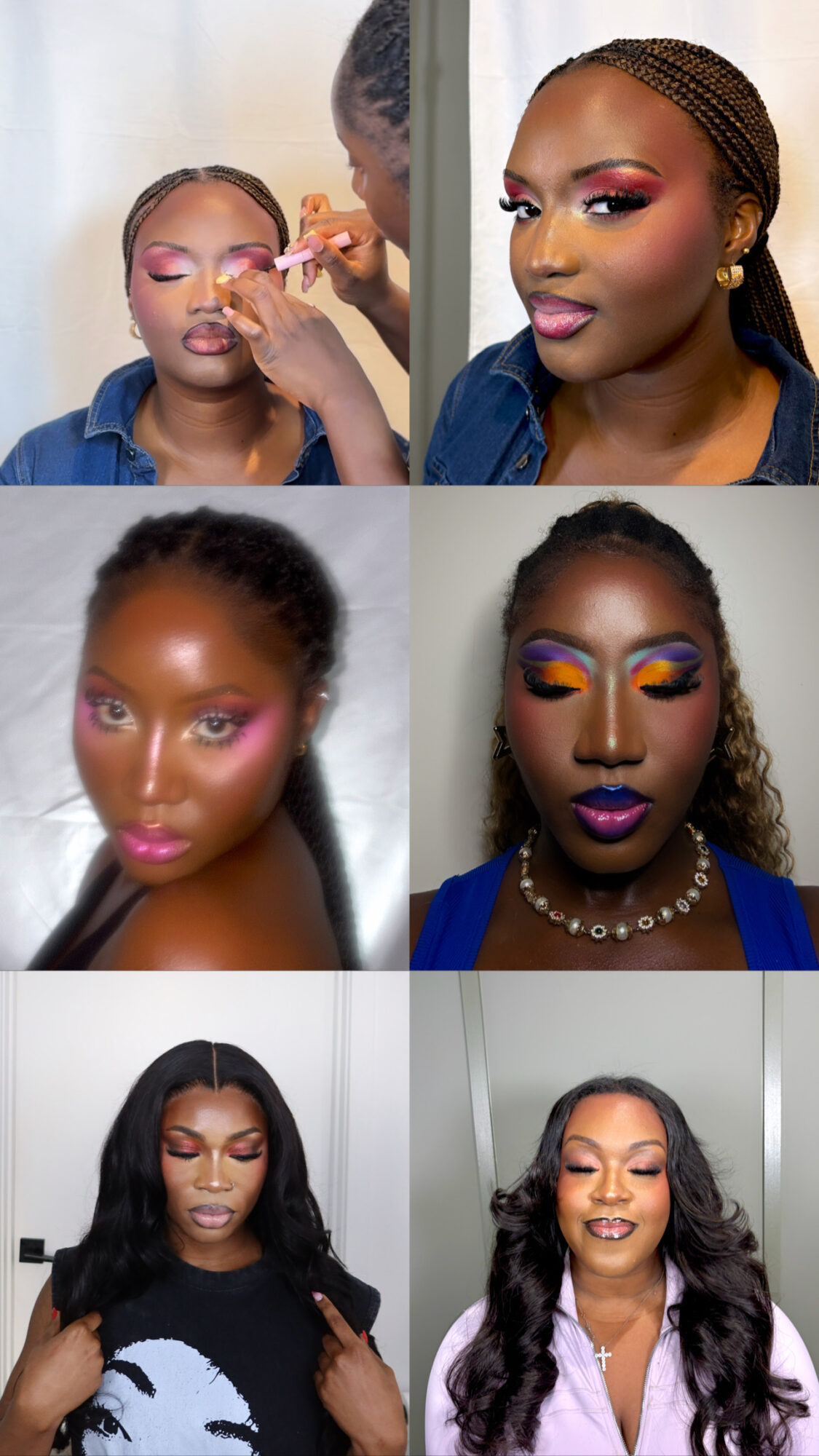 Four women with different makeup and hairstyles, two in close-up, two full-face, smiling and posing.