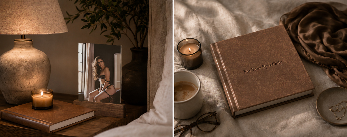 Two images of cozy, dimly lit settings with books, candles, and decorative items, one with a framed photo and the other with a closed book.