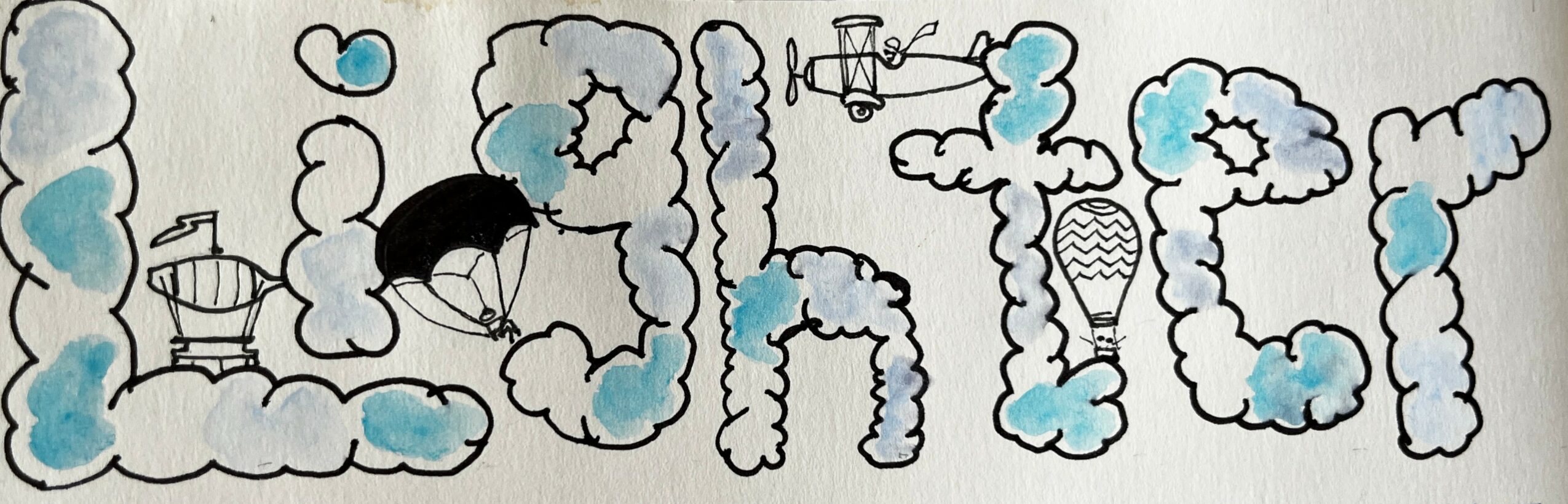 Clouds form the word 'LOVE' with a person holding an umbrella and a hot air balloon in the background.