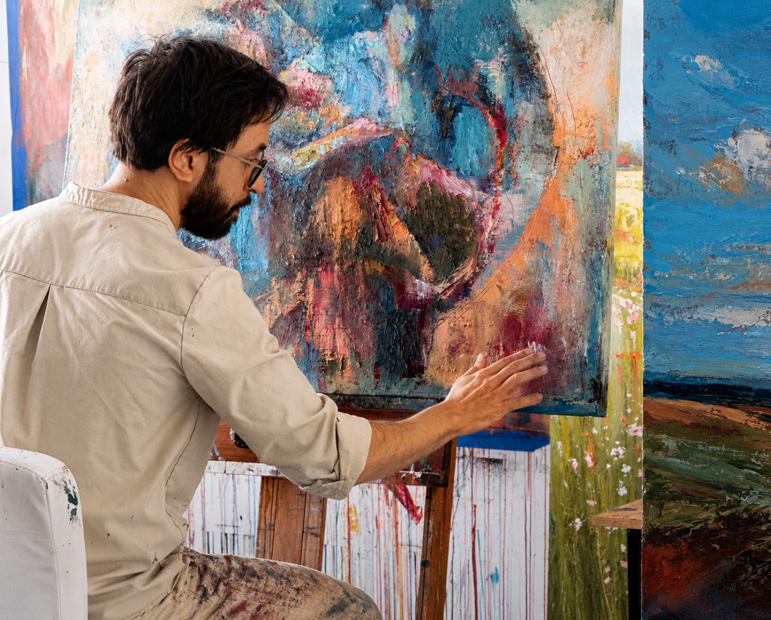 Man with dark hair and beard painting on a large canvas in a studio, colorful abstract artwork visible.