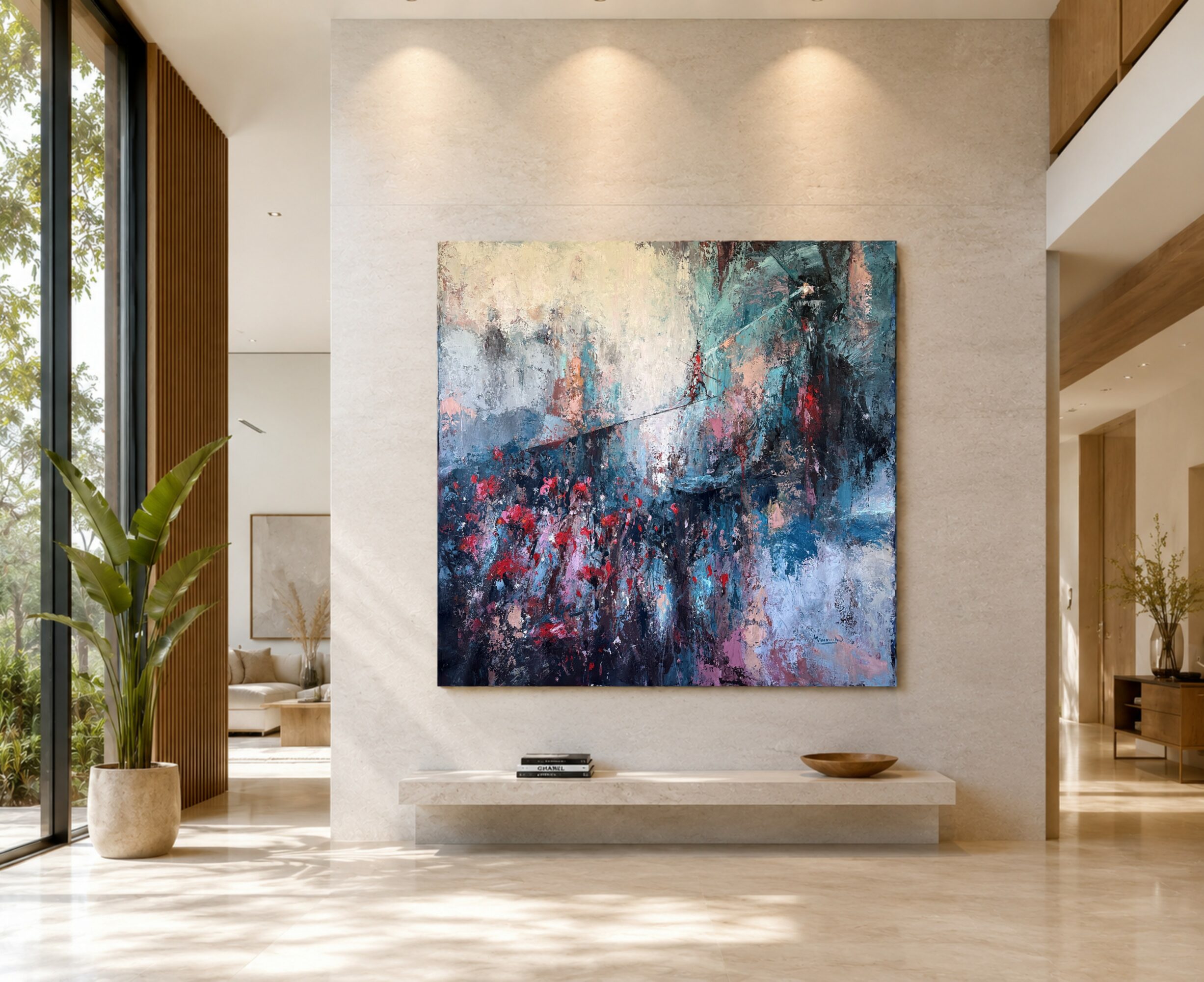 Abstract painting with blue, pink, and white colors hangs on a white wall in a modern interior.