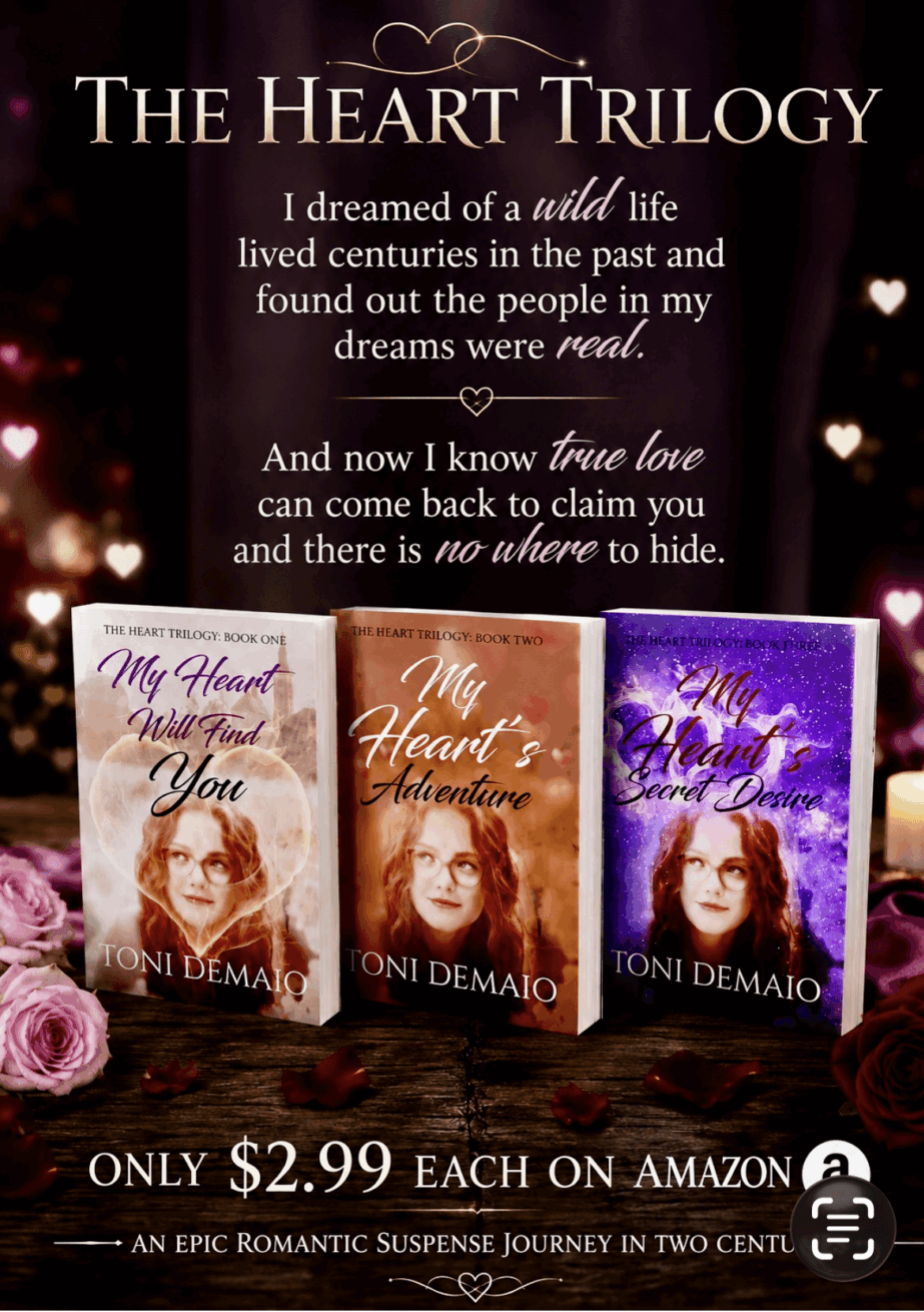 Book covers of The Heart Trilogy with titles and author, promotional text, and price, on a dark background with pink flowers.
