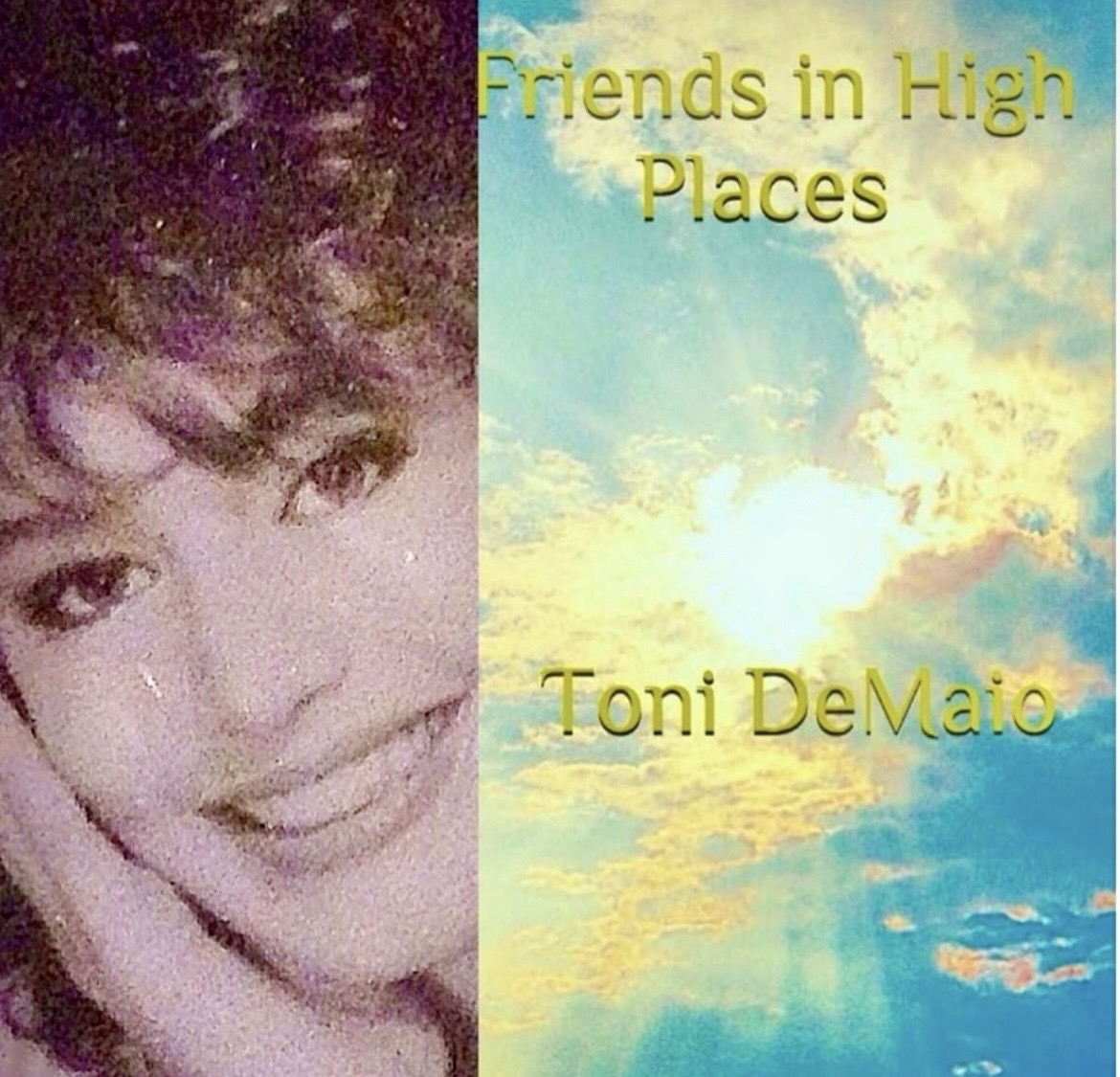 Book cover with a smiling person's face on the left and a sky with clouds on the right, with yellow text.
