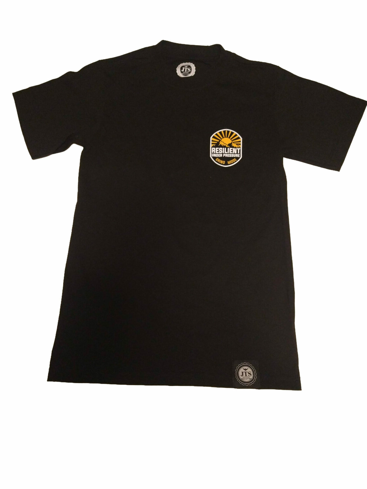 Black T-shirt with a logo on the chest and small circular designs, displayed flat against a white background.